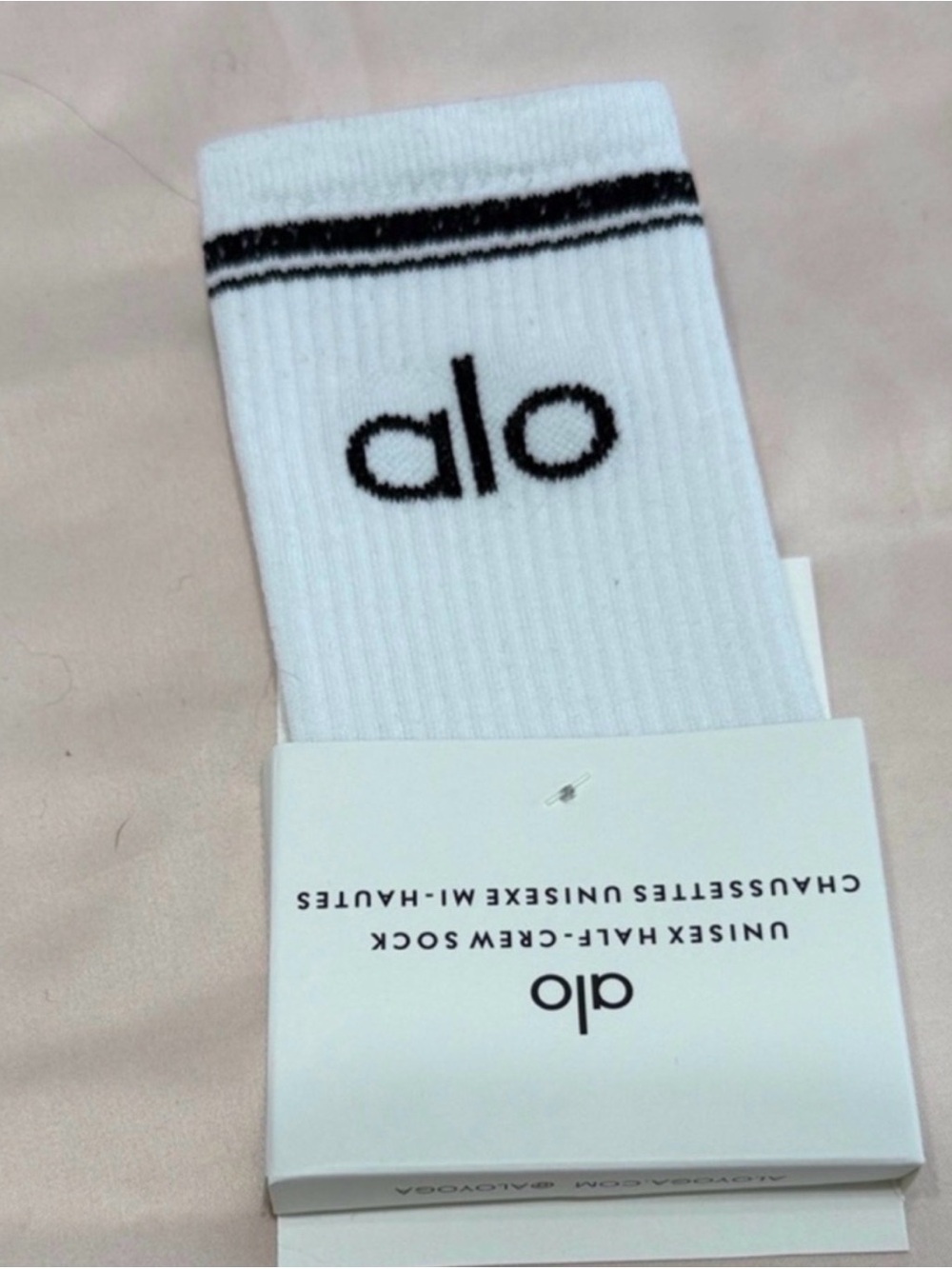 ALO Yoga White Socks with Black Logo and Stripe
